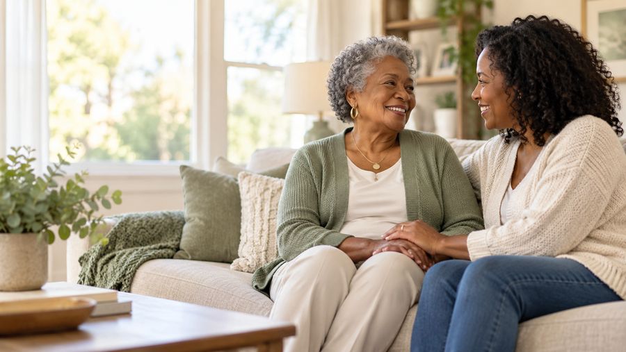 An older Black woman and her adult daughter smiling and holding hands on a sofa