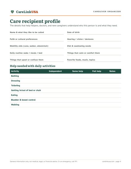 Organizer page: care recipient profile