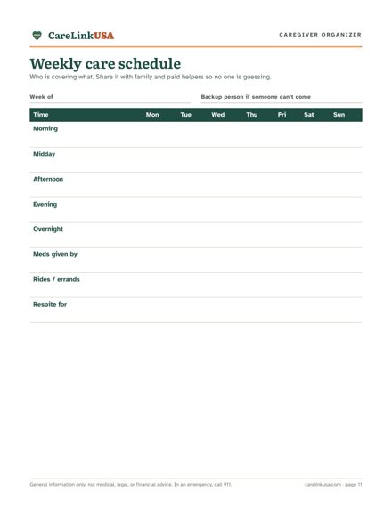 Organizer page: weekly care schedule